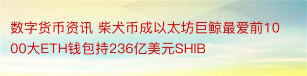 数字货币资讯 柴犬币成以太坊巨鲸最爱前1000大ETH钱包持236亿美元SHIB